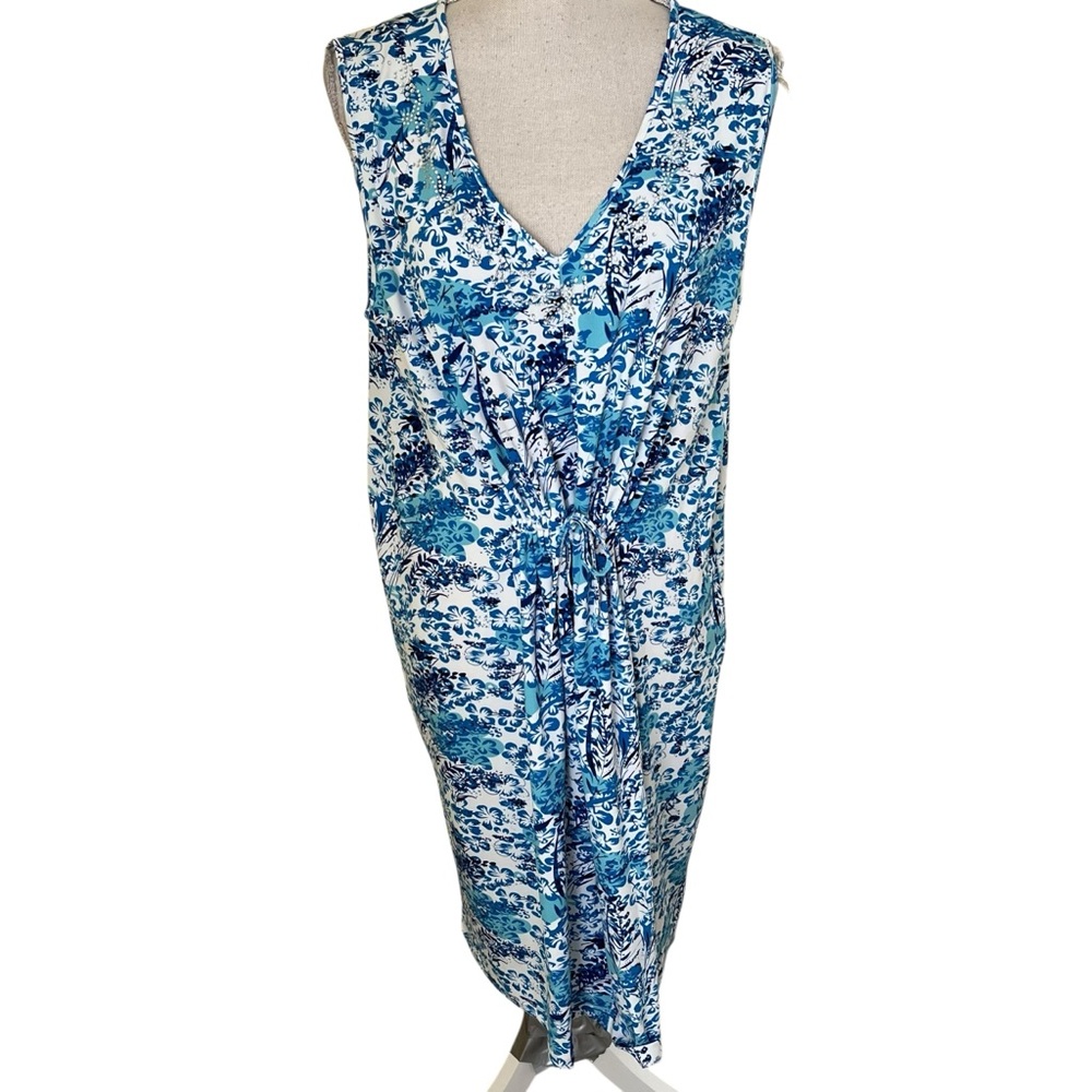 Victoria Harbour Blue Floral Jersey Knit Sleeveless V-Neck Dress XL